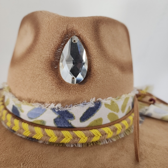 Light Tan Faux Suede Sun Hat with Crystal Gem and Fabric Band - Picture 3 of 10